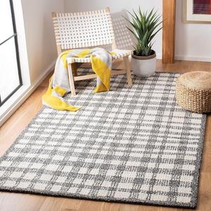 Ковер SAFAVIEH, 183 x 183 см, Abstract Collection, Ivory / Black ABT648A, ручной работы из шерсти и вискозы, клетчатый дизайн, идеально подходит для помещений с высокой проходимостью в гостиной, спальне