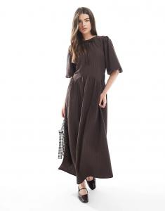 Платье мидакси Wednesday's Girl в полоску с рукавами-фонариками и завязками коричневого цвета