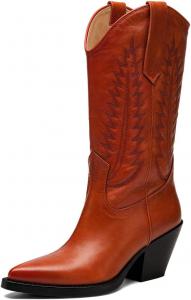 Женские ковбойские сапоги средней длины с вышивкой, заостренный носок, на толстом каблуке средней высоты, широкая голень, удобные зимние повседневные западные сапоги, размер 4-16 US Wansseny, Brown