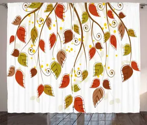 Шторы ABAKUHAUS Autumn Rustic, Industrial Leaf Fall, универсальные ленточные шторы для гостиной с петлями и крючками, 280 x 245 см, цвет: жженая сиена, коричнево-зеленый Abakuhaus