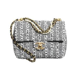 Твидовая мягкая шерстяная мини-сумка с искусственным жемчугом, через плечо, кроссбоди, женская, белый и черный и серебристый CHANEL