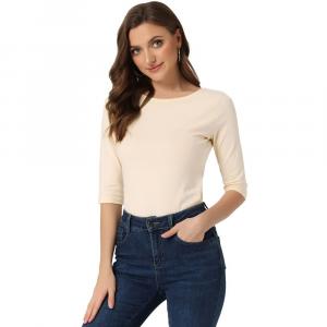 Женская классическая футболка узкого кроя с рукавами до локтя и вырезом лодочкой ALLEGRA K, бежевый