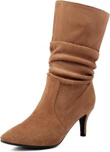 Женские замшевые ботильоны на шпильке с зауженным носком, сборкой и строчкой до середины голени YUHATRG, Brown