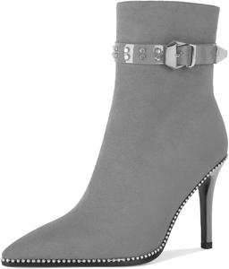 Younton Женские ботильоны на высоком каблуке-стилет с бусинами, заостренным носком, боковой молнией и пряжкой, из матовой кожи, 3,5 дюйма