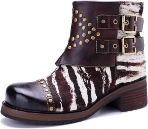 LITNERMIA Женские винтажные ботинки с ручной отделкой, леопардовый принт зебры, заклепки, ремешки, массивный каблук, панк-стиль, байкерские ботильоны