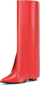 Женские сапоги до колена IDIFU с изображением акулы, с отворотом, на высоком толстом каблуке, с заостренным носком, с блочным каблуком, с молнией, для длинного платья, удобные, милые, модные, нарядные, сексуальные, стильные ботильоны, Red Pu