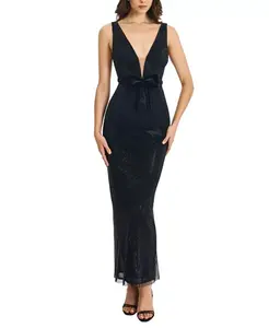 Макси-Платье Olympia с поясом, бантом и глубоким вырезом, украшенное стразами. Miss Circle, черный