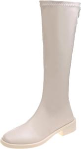 Женские сапоги до колена с утеплителем из меха, квадратный носок, молния сзади, длинные ботильоны, универсальные средние сапоги на молнии для женщин Generic, Beige