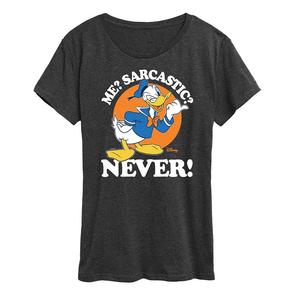 Женская футболка Disney's Donald Duck Me Sarcastic Never с рисунком, цвет Heather Charcoal