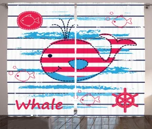 Штора ABAKUHAUS Cartoon Rustic, Рыба-моряк, Морской, для спальни, со сборками, петлями и крючками, 280 x 225 см, цвет: кремовый, красный, синий