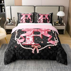 Erosebridal Хлопковый комплект постельного белья с монограммой и розовым бантом в стиле кокетт, Pink Black F