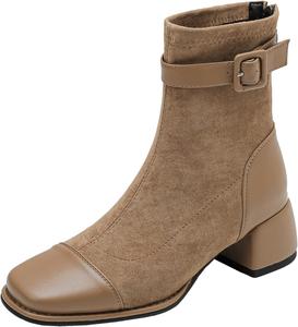 Элегантные женские ботильоны с модным квадратным носком, стильной металлической пряжкой и застежкой-молнией XIEPP, Apricot