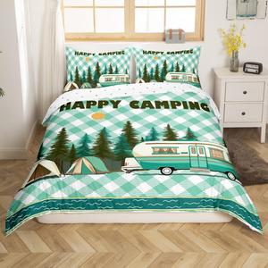 Erosebridal Комплект постельного белья Happy Camping для детей в стиле кемпинг с клетчатым узором зеленого и белого цветов, Green White