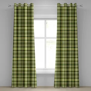 Штора на люверсах ABAKUHAUS оливково-зеленого цвета, стеганый узор - традиционный шотландский дизайн, геометрическая клетка, декоративные двухпанельные шторы, 280 см x 245 см, темно-зеленый, желтый, коричневый Abakuhaus