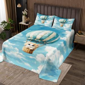 Erosebridal Комплект постельного белья Kitten Coverlet Set с милыми котятами и воздушными шарами в голубых и белых тонах, Blue Teal