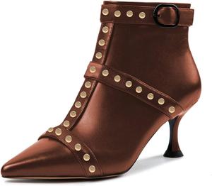 Женские ботильоны XYD с блестящим носком, строчкой, заклепками, боковой молнией и пряжкой, на низком каблуке, модная ретро обувь, Brown