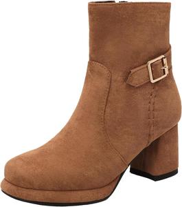 Женские ботильоны на молнии с круглым носком и массивным каблуком XIEPP, Brown