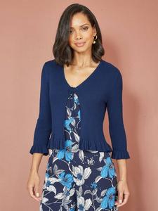 Кардиган в рубчик с подвязкой по низу с оборкой Yumi, темно-синий