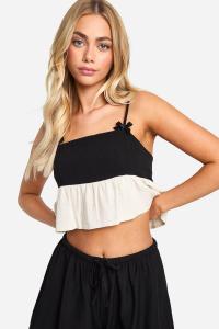 Льняная майка с баской и контрастным бантом boohoo, черный