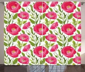 Штора ABAKUHAUS Розовый мак, романтический узор Листья и лепестки, универсальная тесьма для гостиной с петлями и крючками, 280 x 175 см, цвет: кремовый, зеленый, розовый Abakuhaus