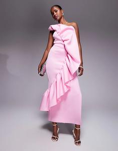 Платье-бандо макси ASOS DESIGN с воланами и структурированным лифом розового цвета из ткани в стиле «скуба»