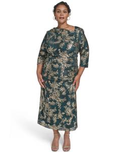 Платье миди большого размера с драпировкой и фольгированным трикотажным верхом Vince Camuto, Teal/Gold