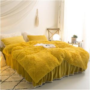Generic Комплект постельного белья зеленый плюшевый вельветовый с бахромой и рюшами Yellow