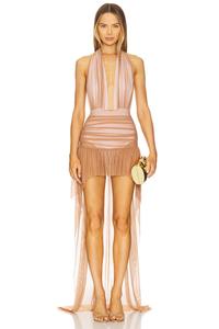 Платье с высоким и низким подолом на завязках Norma Kamali, cappuccino & snow white