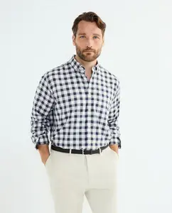 Рубашка больших размеров спортивная с длинными рукавами из твила синие клетки на светлом фоне Dustin