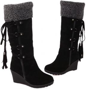 Женские зимние сапоги однотонные с бахромой, модные сапоги на подкладке из мягкого меха без шнуровки, удобные сапоги средней длины, женские высокие сапоги до колена HCHCTRY, Black