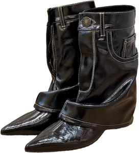 Женские джинсовые сапоги ZQW с заостренным носком и высоким каблуком до середины голени, широкая посадка, свободного кроя, стильные ковбойские сапожки для модного ношения, Black