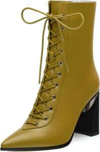 Женские ботильоны, 3,5 дюйма с заостренным носком, лакированные ботильоны на высоком каблуке, короткие ботинки с массивным каблуком и боковой молнией Heisnemca, Olive Patent