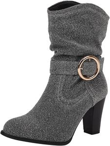 No Brand Женские туфли-лодочки на высоком каблуке с заостренным носком, зимние замшевые с пайетками, на пряжке, модные ботильоны на массивном каблуке, слипоны, зимние сапоги для женщин (серебристый, размер 6 UK)