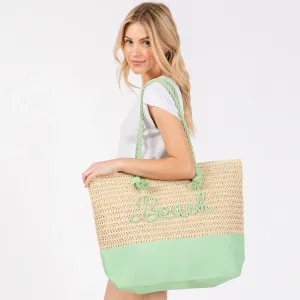 Пляжная сумка-тоут с вышитой надписью «Пляж», ручкой из веревки, связанная крючком из ткани Fashnzfab