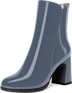 Женские ботильоны с молнией, лаковые, повседневные, круглый носок, устойчивый высокий каблук, высота голенища 3,3 дюйма DEMOSHINE, Midnight Blue