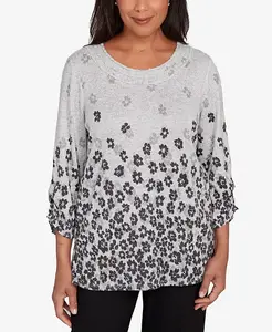 Женский классический топ с цветочной каймой и присборенными рукавами Alfred Dunner, серый