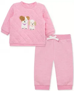 Комплект из 2 предметов: толстовка и штаны с милыми щенками для девочек Little Me, розовый