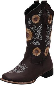 Женские ковбойские сапоги HINDOLA с отделкой под полусапожок, ковбойские западные сапоги с вышивкой подсолнухов, квадратным носком и низким каблуком, свадебные сапоги, Coffee