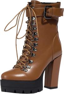 Женские боевые ботинки на платформе с металлической пряжкой, ботинки с круглым носком на щиколотке с молнией и регулируемыми шнурками BULVJ, Brown