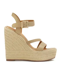 Кожаные сандалии на каблуке, обтянутом шнуром. Kazar, бежевый