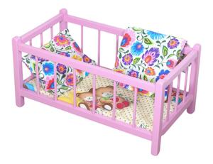 Деревянная кукольная кровать РОЗОВАЯ с матрасом и постельным бельем - игрушка для детей. PEEWIT