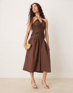 Гламурное платье-миди с V-образным вырезом коричневого цвета Glamorous