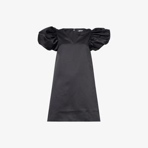 Платье мини Birger Christensen из сатина с пышными рукавами и расклешенным силуэтом, черный