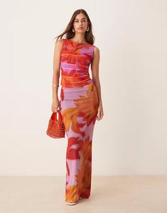 Сетчатая юбка свободного покроя с тропическим цветочным принтом ASOS DESIGN оранжевого цвета