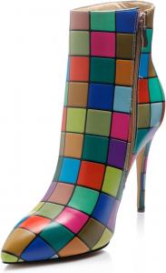 Reindee Lusion Женские высокие туфли-стилеты на шпильке синие с многоцветным квадратным принтом, закрытый носок, сексуальные ботильоны