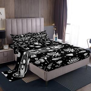 Erosebridal Бохо комплект постельного белья Death Moth Bull с бабочками и цветами черный, Black White Grey