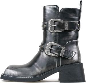 Ботинки KISTANIA для женщин с квадратным носком, массивным каблуком, в стиле мотоциклетных боевых ботинок с пряжками, Silvery Black