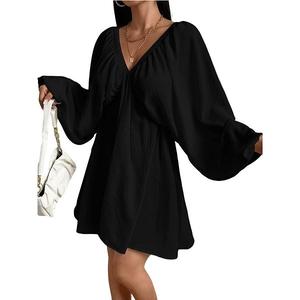 Женское платье-мини с длинным рукавом и сборками, глубокий вырез и открытая спина Clearflower, Black