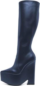 Женские сапоги FYS с заостренным носком, платформой, высоким голенищем, клиновидным каблуком, молнией сбоку, удобные для офиса, модные, размеры 4-15 US, Navy