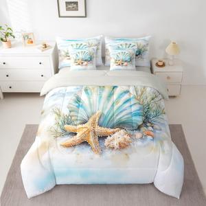 Erosebridal Комплект постельного белья Summer Beach Nautical с морским принтом из синего хлопка, White and Light Blue
